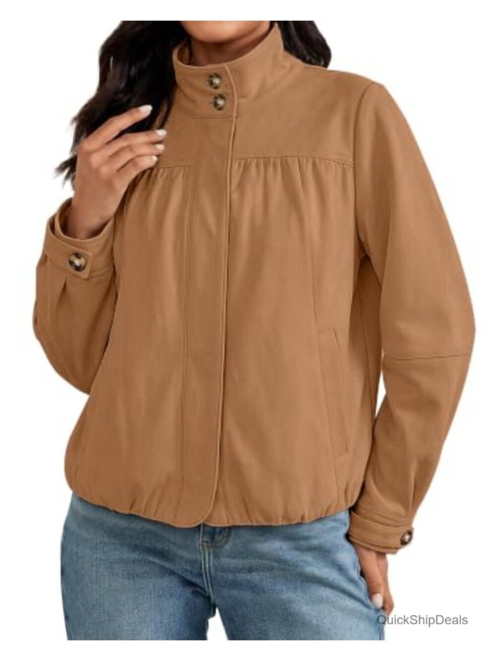 Faux Suede Long Sleeve Button Up Bubble Coat for Women